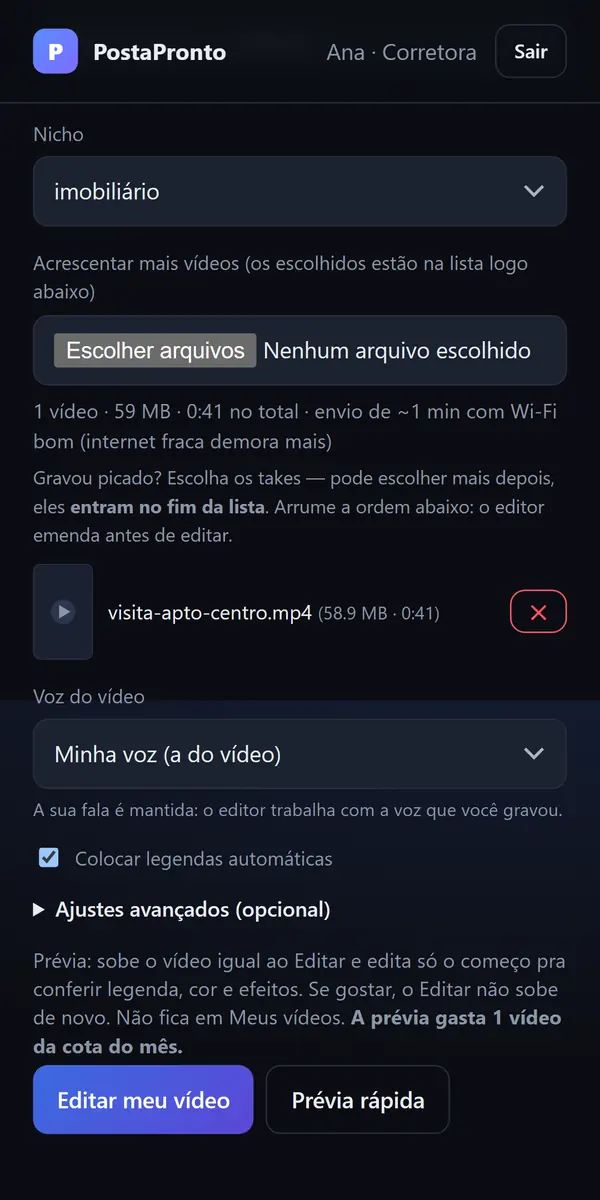Painel do PostaPronto no celular: o vídeo “visita-apto-centro.mp4” escolhido e os botões “Editar meu vídeo” e “Prévia rápida”. Conta de demonstração.
